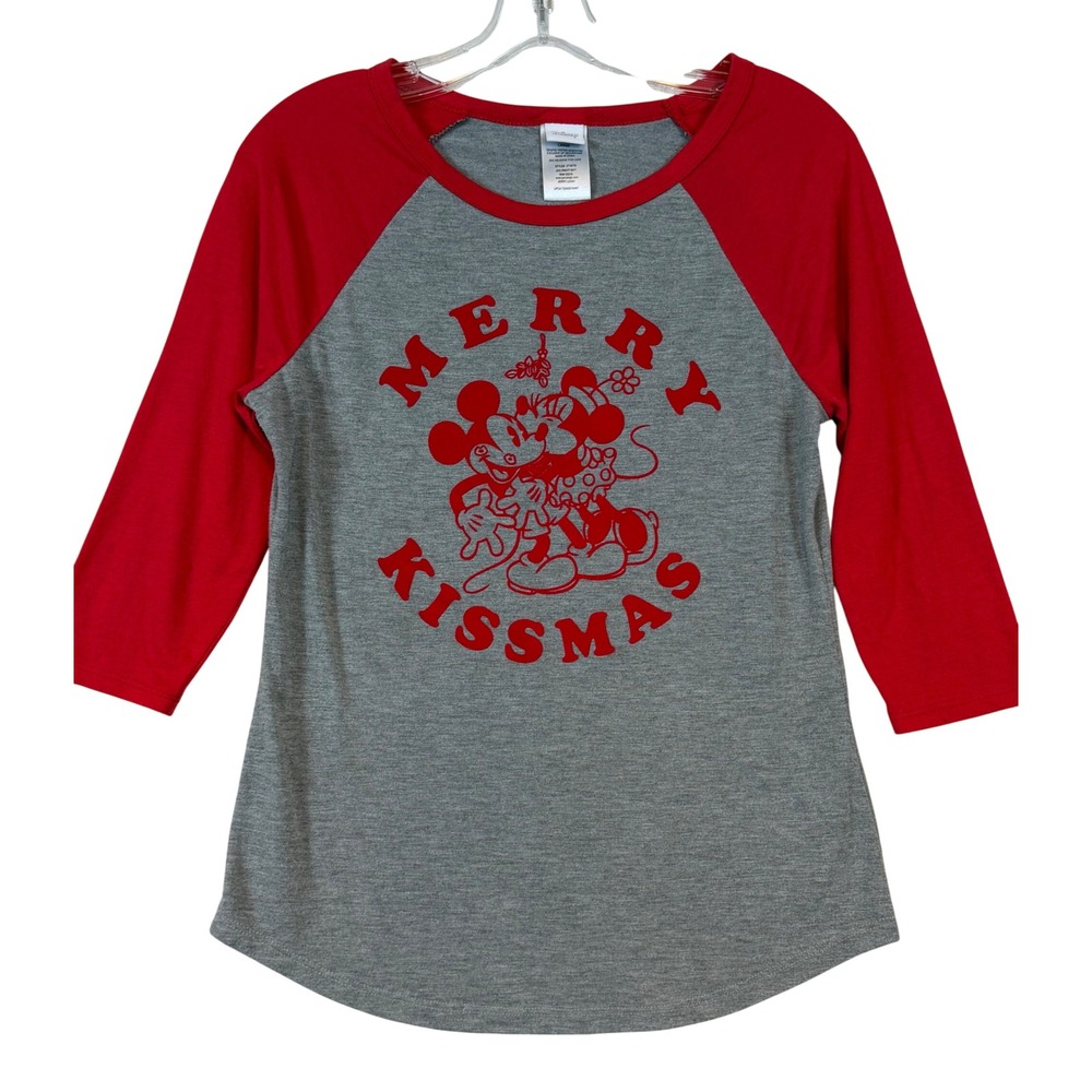 Disney Merry Kissmas Mickey Minnie Mouse Raglan Baseball Tee •L• Disneycore